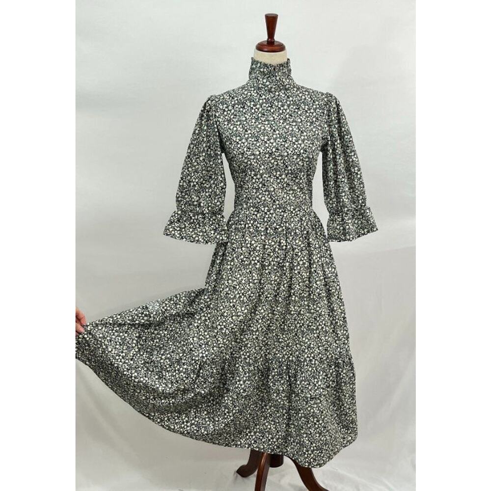 MEADOWS Sz 6 UK 2 US Black White Floral Clematis Dress High Neck Fall 3/4 Sleeve - Picture 7 of 15